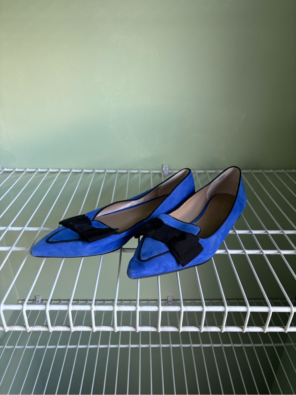 Ann Taylor Blue Pointed-Toe Flats with Black Bow